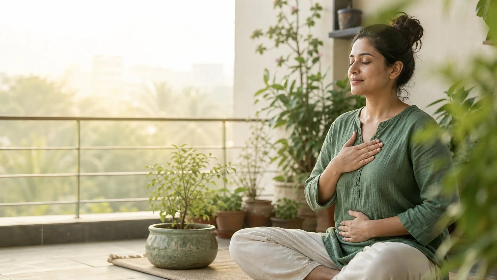 Illustrative mindful breathing scene on a balcony with plants